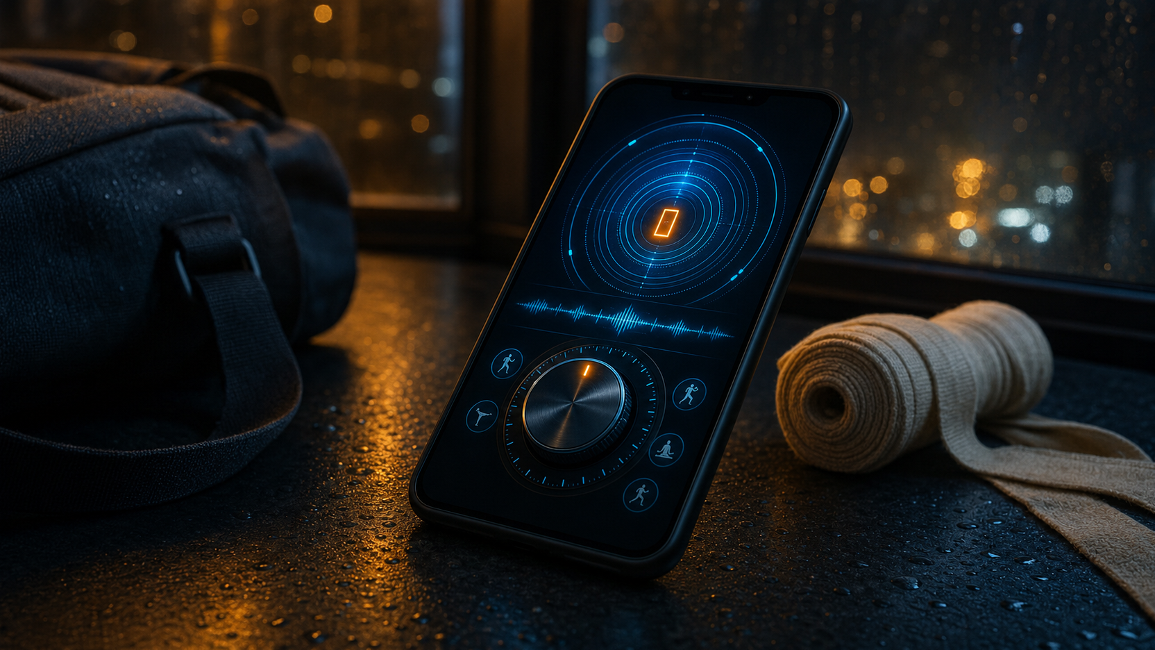 An unbranded phone on a rain-speckled table displays an abstract radio-style training signal tuner beside a plain gym bag and hand wraps, with no map or location pins.