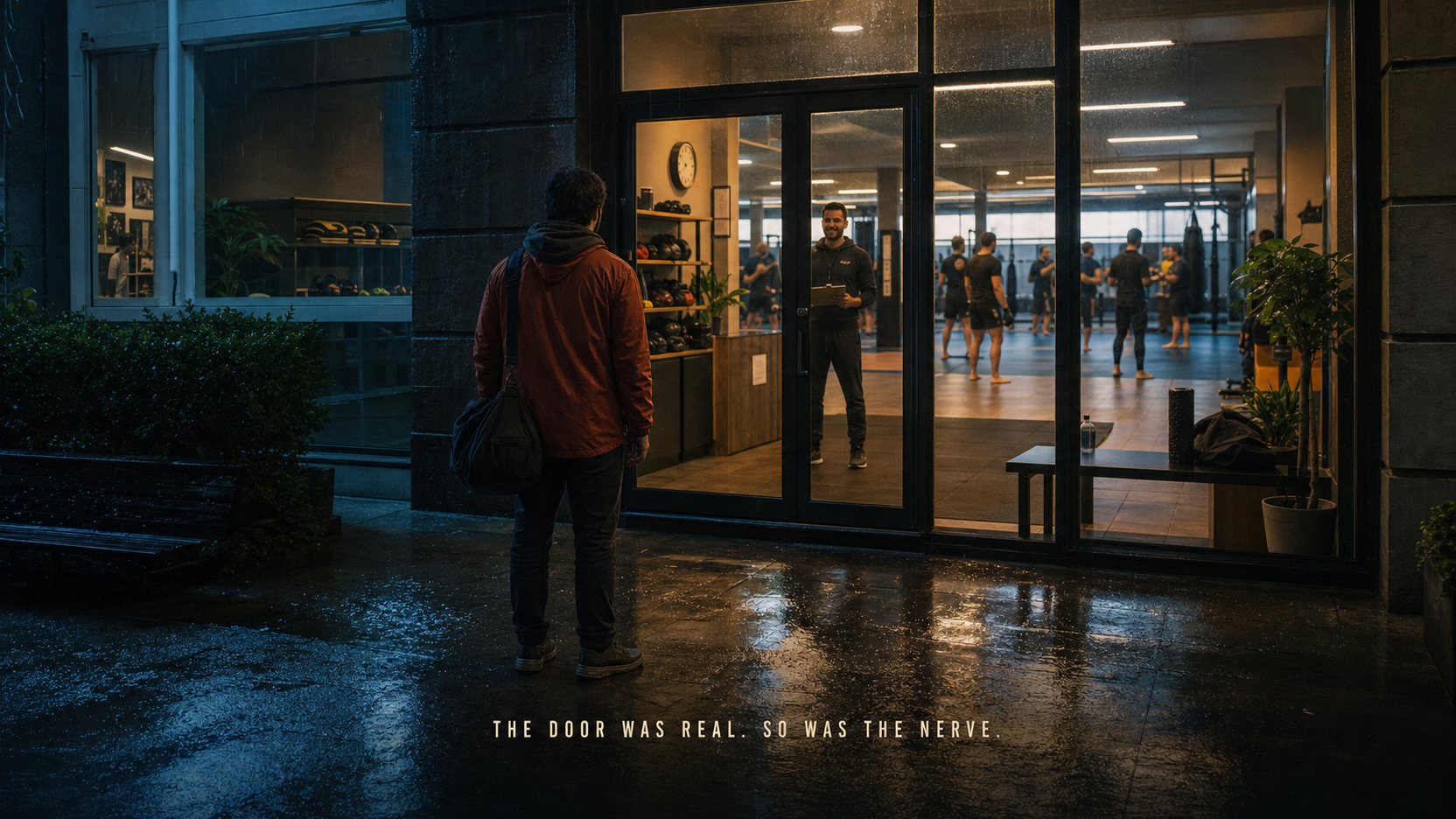 An anonymous first-night visitor in a burnt-orange rain shell pauses outside a rain-lit glass gym door while a coach and supervised adult class are visible inside.