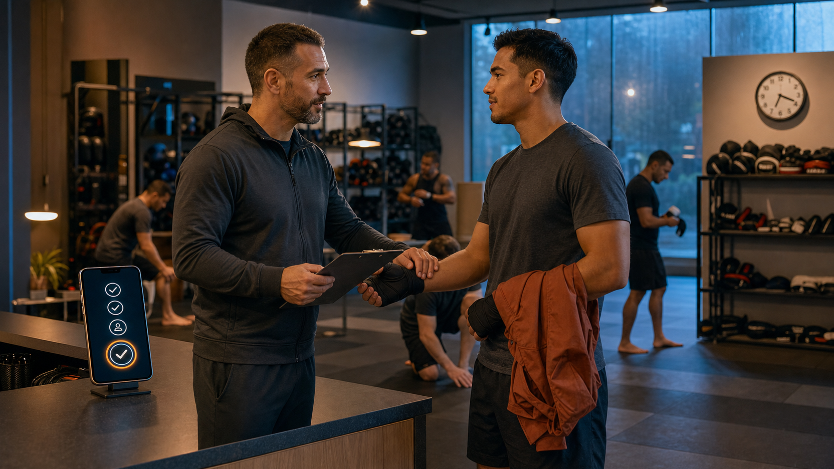 A coach calmly checks an adult beginner's hand wraps at a clean gym counter while a nearby phone displays confirmation icons and a final approval check.