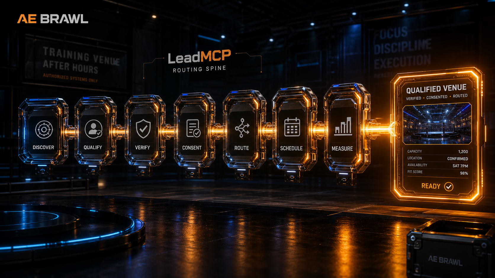 Seven amber-and-cobalt LeadMCP tool modules route one signal into a glowing qualified-venue card.