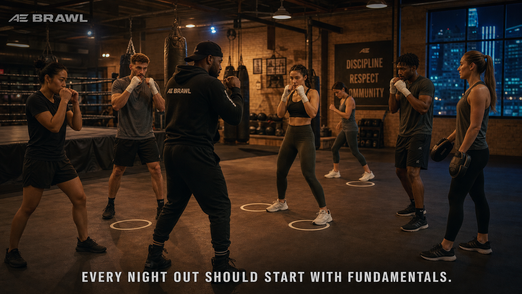 A professional coach demonstrates stance and guard to a diverse group of anonymous adults during a supervised fundamentals class.