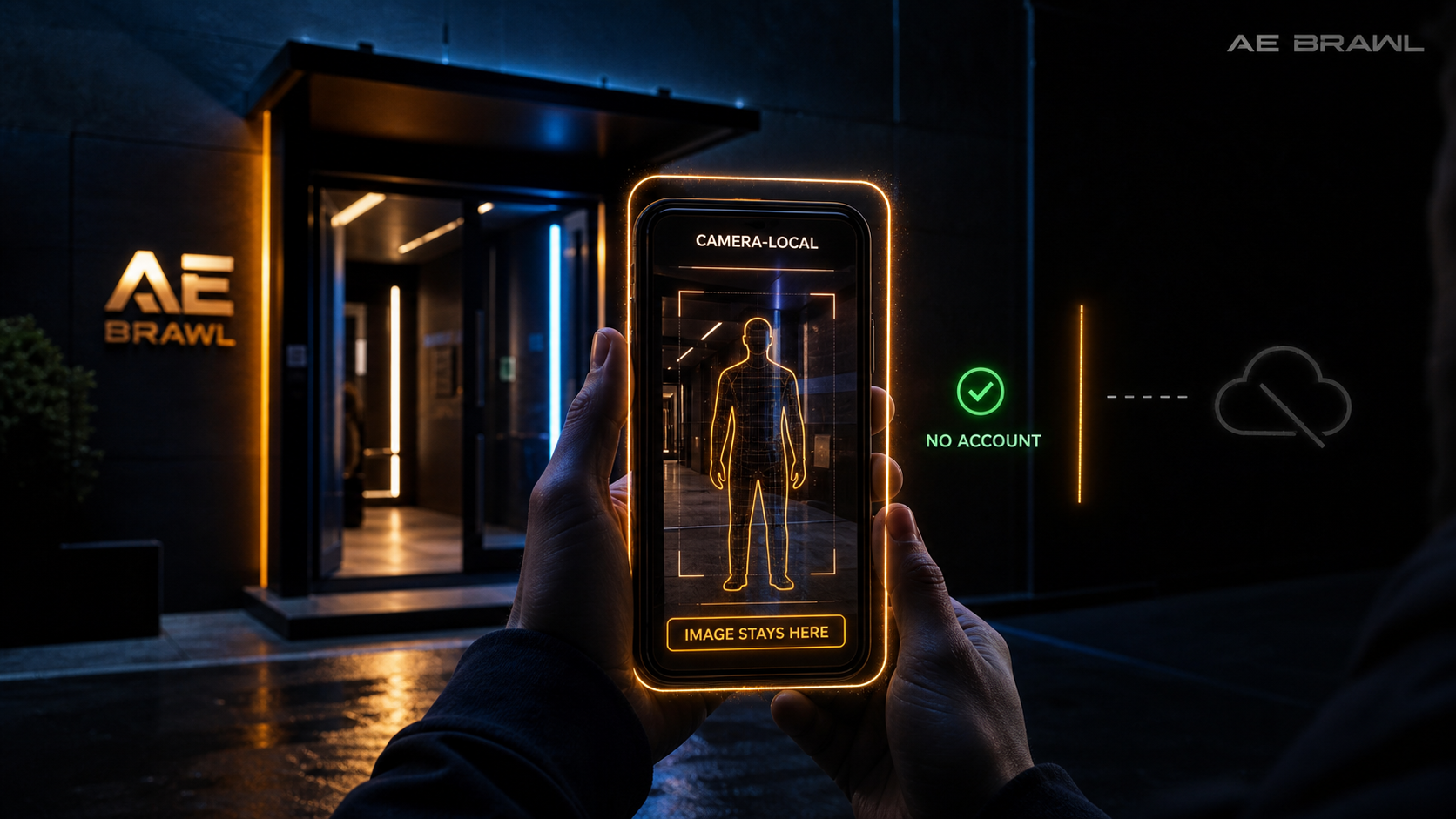 An anonymous adult holds a phone outside a legitimate night venue while processing stays inside the device and a disconnected cloud shows that the image is not uploaded.