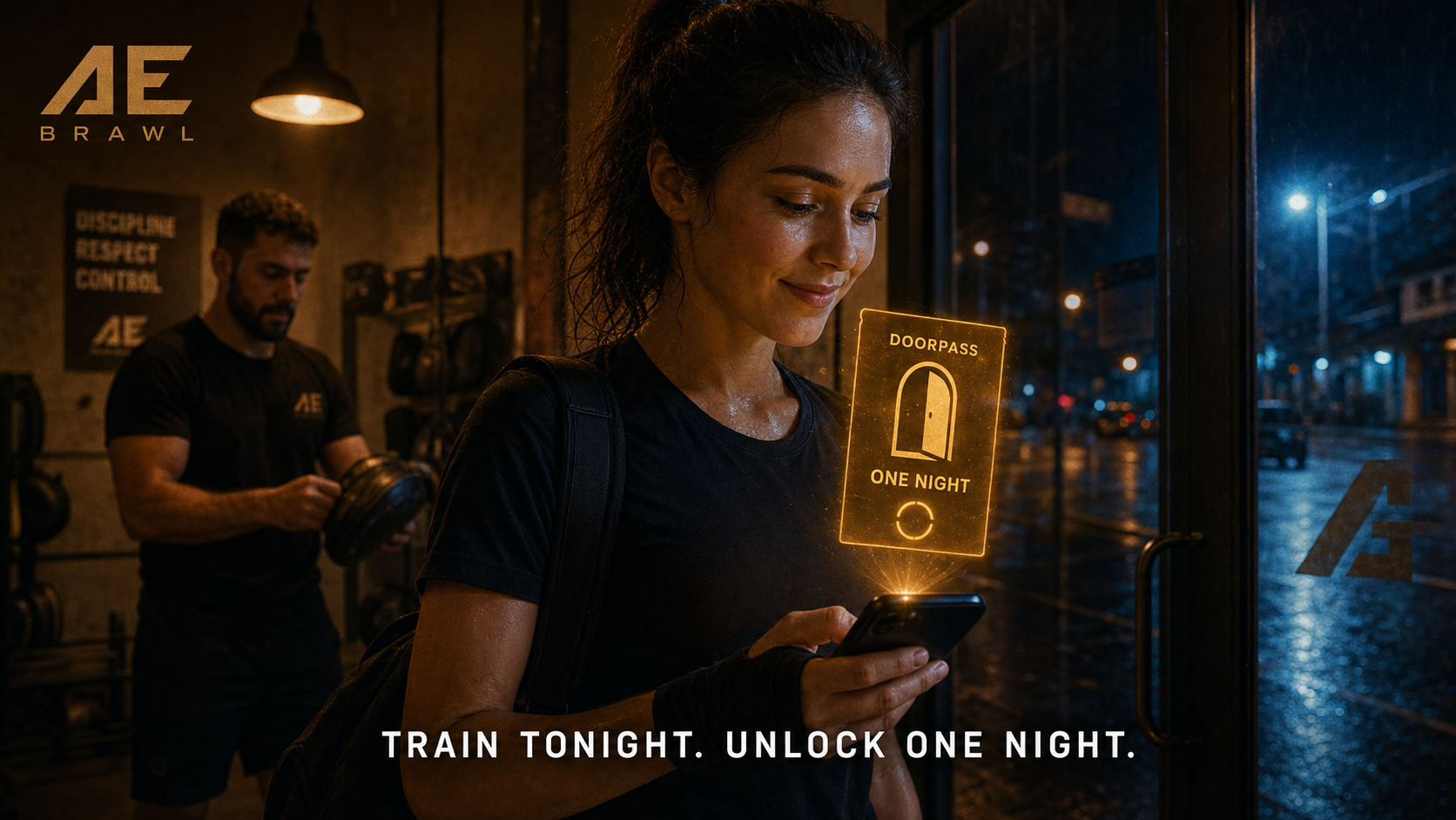 After supervised training, an anonymous adult receives a glowing DoorPass marked One Night while a coach tidies focus mitts.