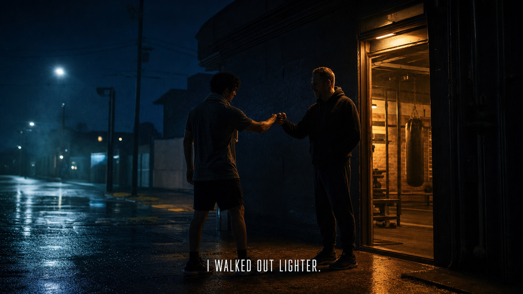 Outside a supervised boxing fitness gym, an anonymous adult participant and coach share a respectful fist bump in warm doorway light.