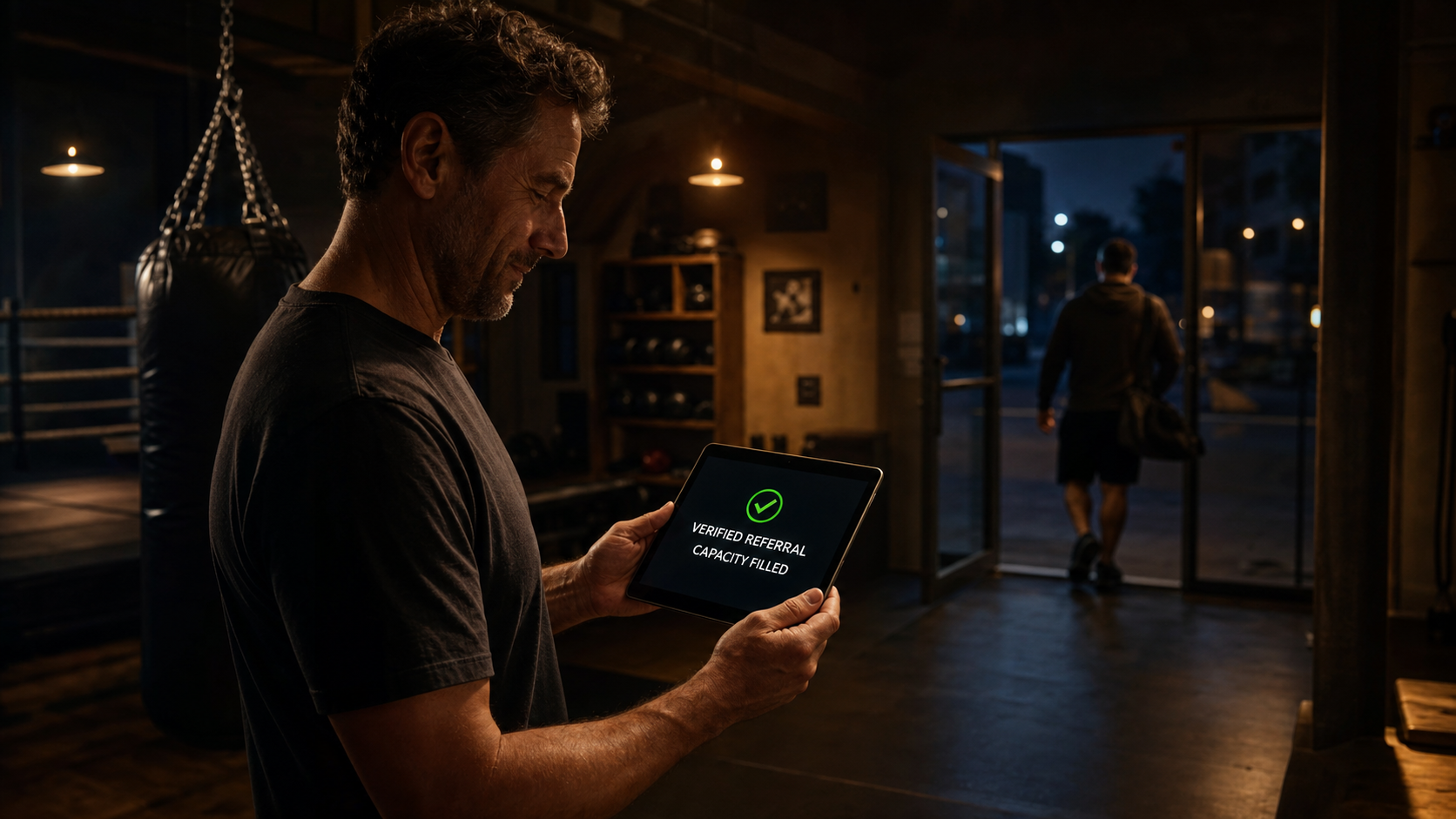 A local gym owner views a tablet confirming a verified referral as an anonymous adult arrives for a supervised late-night fitness slot.