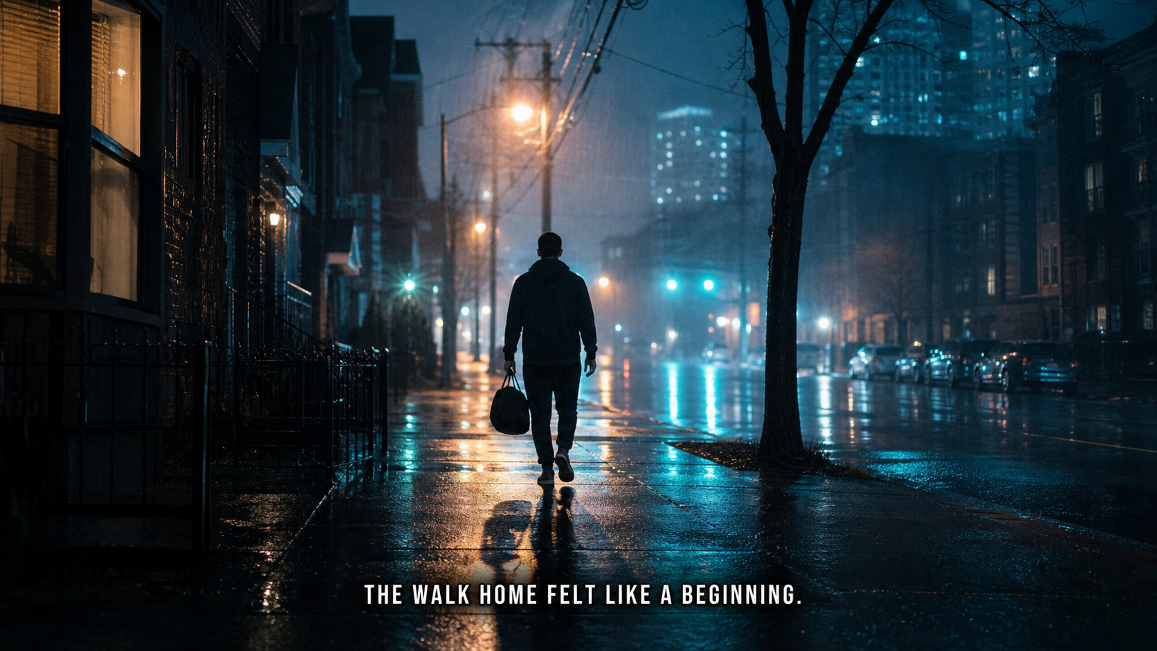 An anonymous adult walks home with a gym bag through cobalt city rain, posture calm and renewed.