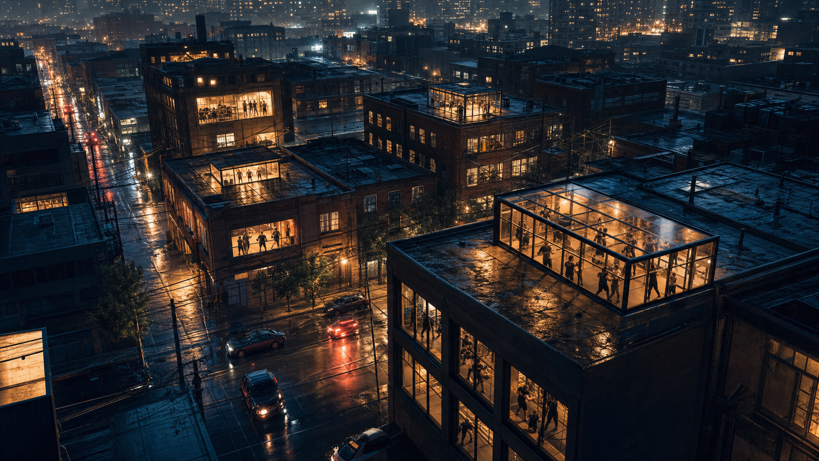 Independent supervised gyms glow like warm amber constellations across a rain-wet city at night.