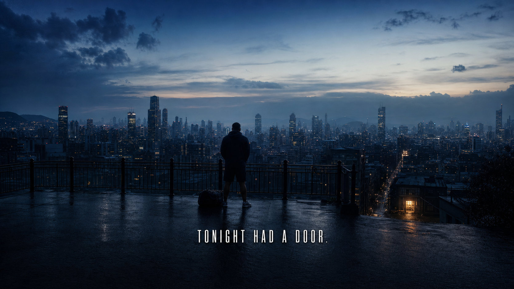 At the edge of dawn, an anonymous adult stands quietly with a gym bag above a waking city and a distant amber doorway.